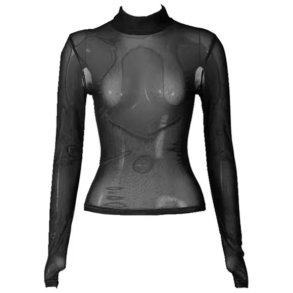 Stretch mesh black long sleeve turtleneck - Picture 1 of 10